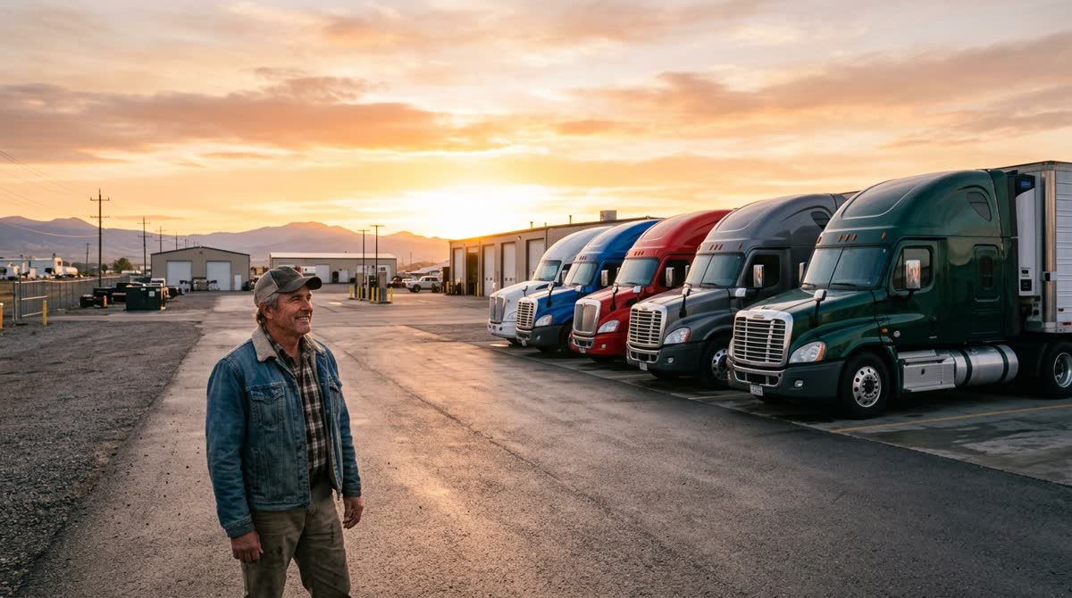 Fleet of commercial trucks at a depot at sunrise